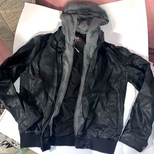 Michael Kors black leather look bomber jacket with hoodie! Mens size S